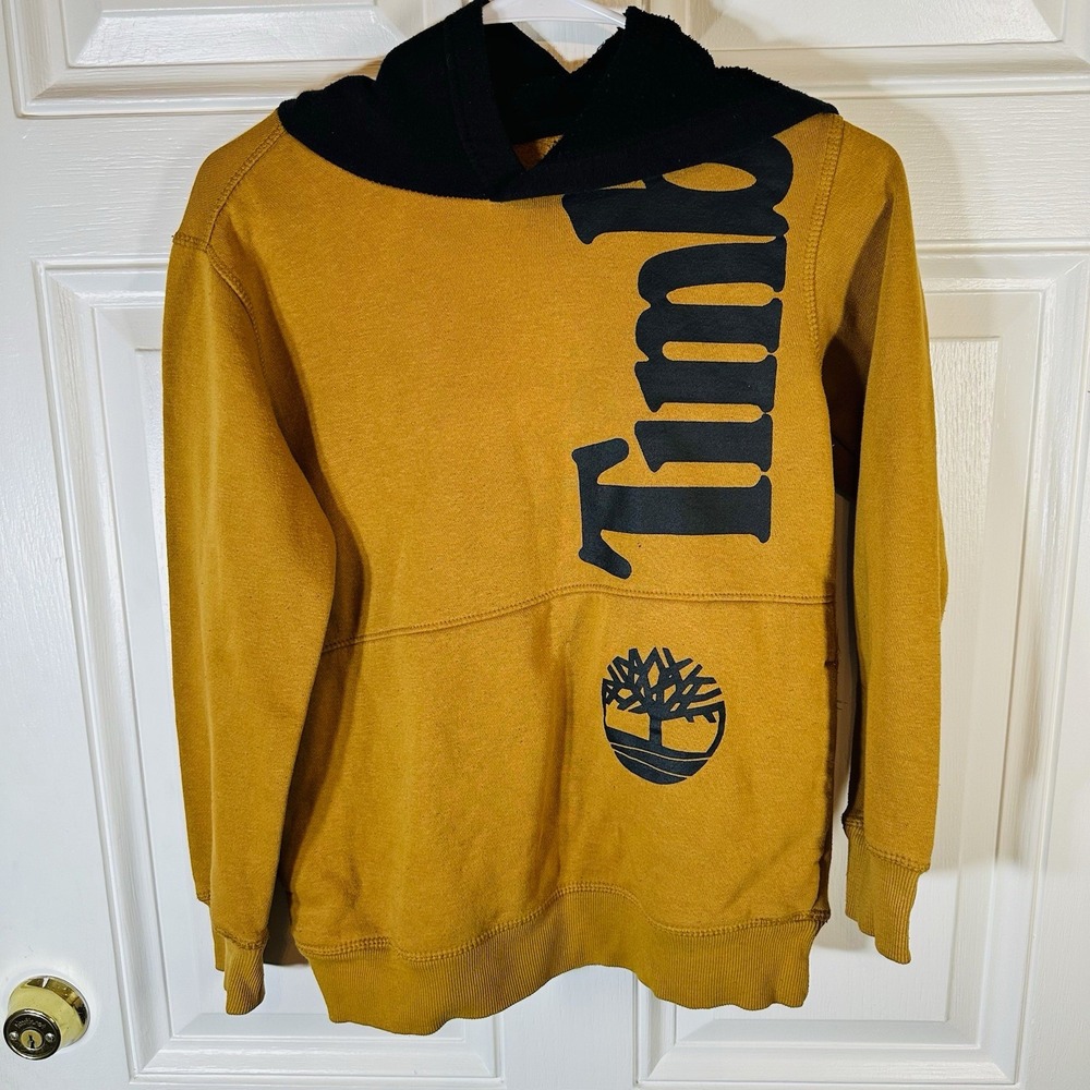 Timberland Boys Yellow/Black Pullover Hooded Fleece Logo Hoodie Size M 10/12
